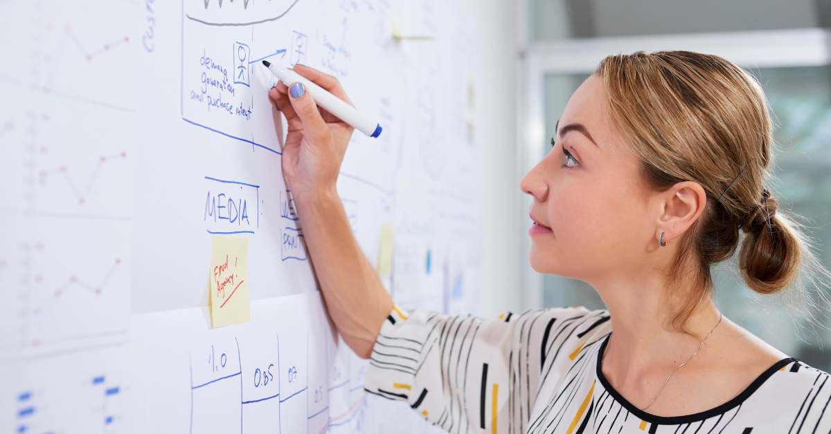 Woman writing on whiteboard