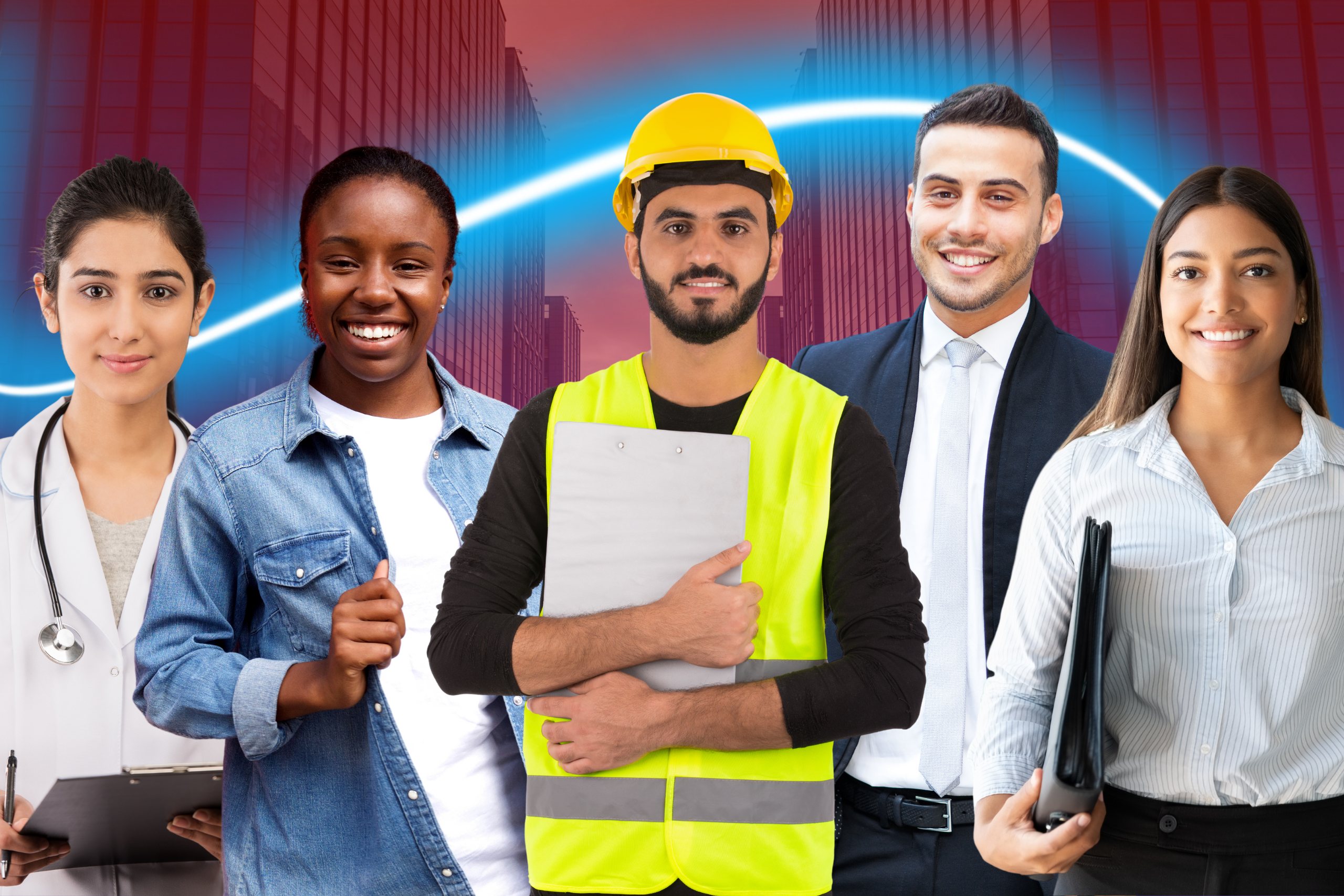 Man wearing hardhat in front of city landscape